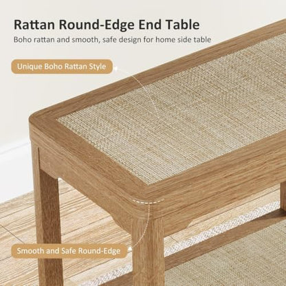 Eclatara Rattan Side Table End Table with Round Edge Design | 2 Tier Rattan Night Stand, Farmhouse Boho Bedside Tables with Ultra-Thick Legs for Bedroom Living Room(Natural Oak,1 Piece) - color: Natural Oak, Round Edges