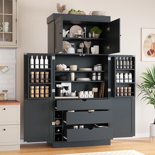 Polibi 77" Tall Freestanding Kitchen Pantry Cabinet, 35" L x 17.7" W Modern Shaker Style Storage Cupboard with Adjustable Shelves, Wine Racks, Drawers, Door Shelves, Grey - color: Grey