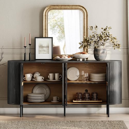 WAMPAT 64.4" Fluted TV Stand, Wood Entertainment Center for TVs Up to 70 inches, Curved Edge Media Console Table with Doors and Shelves for Living Room, Bedroom, Black - color: Black