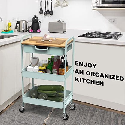 3 Tier Rolling Cart, Utility Cart with Drawer& Table Top, Mint Green | Metal Rolling Kitchen Storage Organizer Cart with Locking Wheels for Bathroom, Office, Balcony, Living Room, Classroom - color: Light Green
