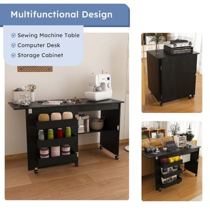 HRVEOCEI 4-in-1 Folding Sewing Table with Storage, Sewing Desk Foldable with Lockable Wheels & Power Socket, Sewings Machine Cabinet & Craft Desk with Shelves, Compact Design (Black, 45 Inch) - color: Black, size: 45 Inch