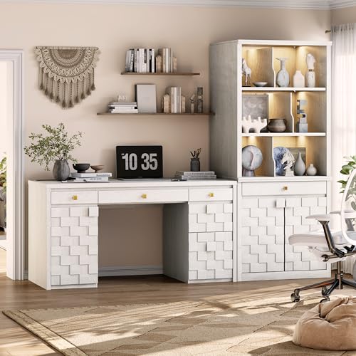 58" Executive Desk with Drawers, Home Office Desk with Charging Station & Keyboard Tray, Wood Office Desk with File Drawer & Storage Cabinet, Modern Computer Writing Desk with Adjustable Shelf, White