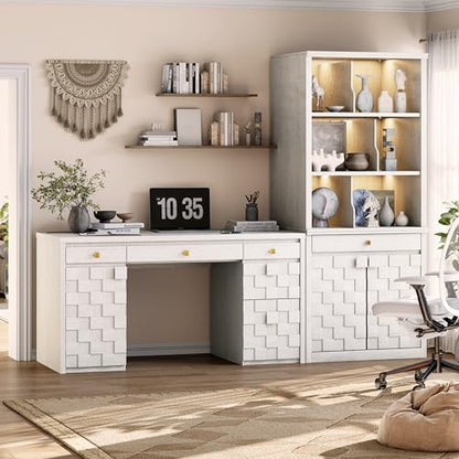58" Executive Desk with Drawers, Home Office Desk with Charging Station & Keyboard Tray, Wood Office Desk with File Drawer & Storage Cabinet, Modern Computer Writing Desk with Adjustable Shelf, White