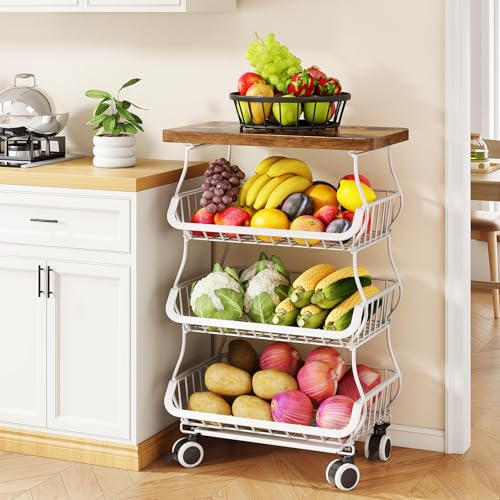 SAYZH 4-Tier Fruit and Vegetable Basket Stand for Kitchen, Wood Top, White | Stackable Vegetable Storage Baskets with Wheel, Metal Wire Storage Carts for Onion, Potato and Snacks - color: White, size: 4 Tiers