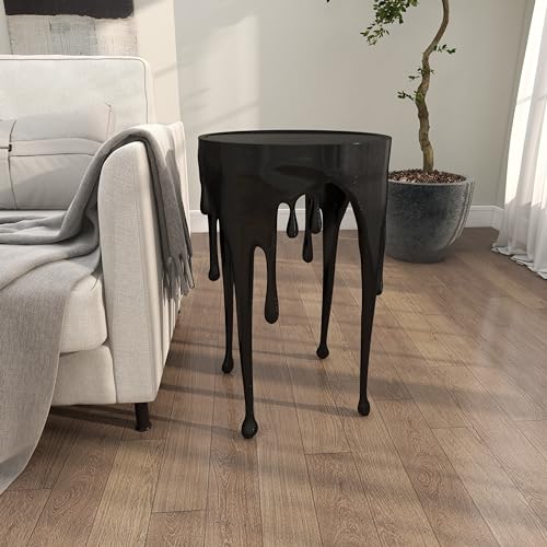 Deco 79 Aluminum Metal End Table with Abstract Drip Design, Black Side Table, Accent Melting Legs and Black Glass Top, 16" x 16" x 25", Black - color: Black