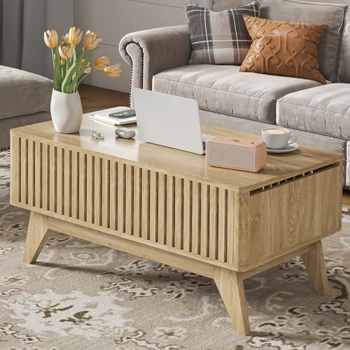 Lift Top Coffee Table with Hidden Compartment, Mid Century Modern Coffee Table for Living Room, Fluted Design Farmhouse Center Table with Storage (Wood, 35.4" W) - color: Wood