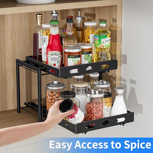 Pull Out Spice Rack Organizer for Cabinet, 2 Tier Cabinet Spice Rack Organizer, Height Adjustable Vertical Spice Rack for Cabinet, Kitchen, Pantry, Cupboard (11.9''Wx10.8''Dx9.2''H, Metal Black) - size: 11.9''Wx10.8''Dx9.2''H,2 Tier