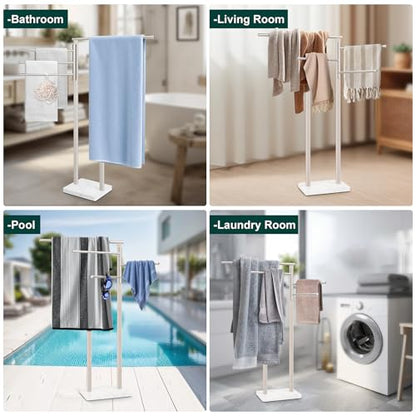 Standing Towel Rack, 304 Stainless Steel Towel Holder Stand with Weighted Marble Base, Floor Bath Towel Racks for Bathroom, Pool, Outdoor with 3 Swivel Towel Arms, Brushed Nickel