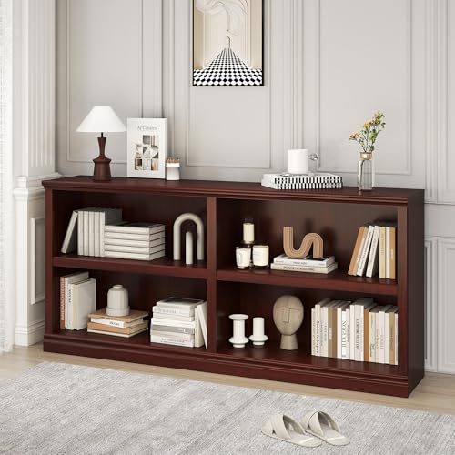 Double Wide Open Shelf Bookcase - 2 Tiers 4 Storage Cube Adjustable Space Book Case, Display Cabinet Organizer with Bookshelf, 64.8 inch Width Indoor Furniture for Home Library Office, Mahogany - color: Mahogany, size: Double 2-tier 4-cube