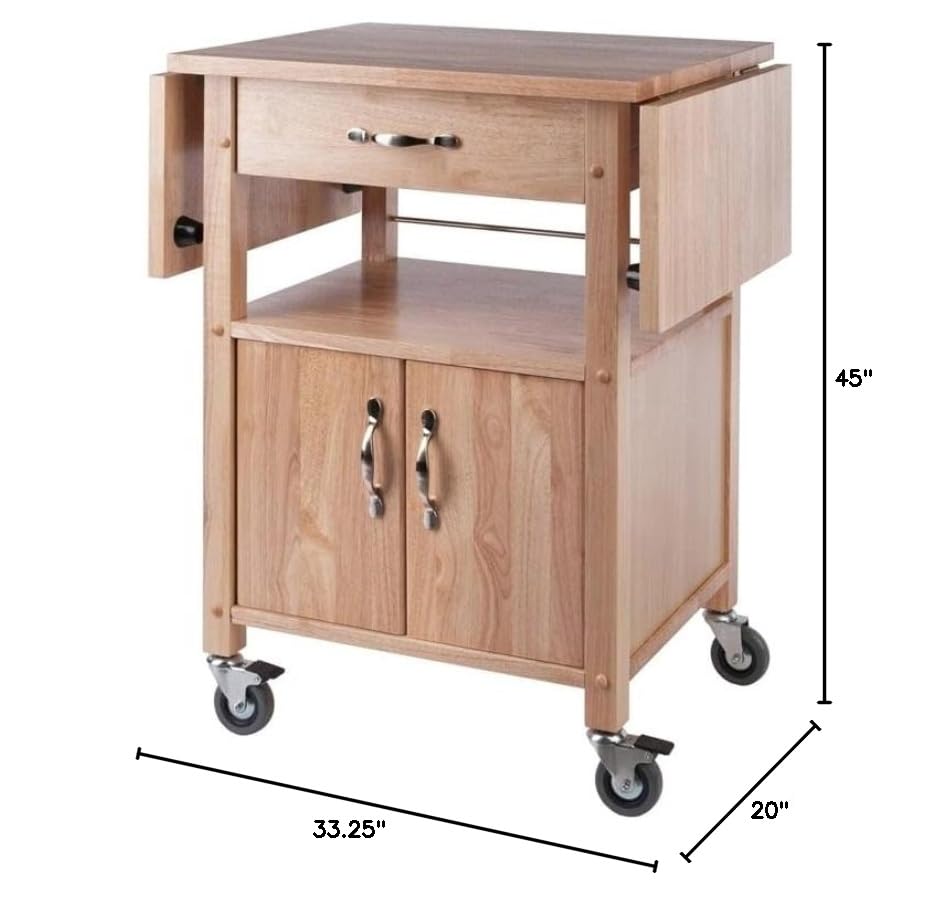 Pemberly Row Solid Wood Butcher Block Kitchen Cart, Natural Finish, Drop Leaf Countertops, Storage Cabinet with Drawer and Shelf, 43.27" W x 20.16" D x 33.27" H, Transitional Style for Kitchen Use