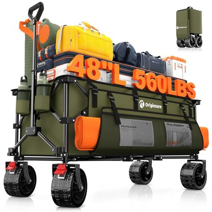 Originsure 300L Collapsible Beach Wagon Cart with Big Wheels, 560lbs, Green | 48" Foldable Utility Wagon,7" All-Terrain Wheels,Heavy Duty Frame,Compact&Space-Saving,for Camping,Sports,Grocery,Garden - color: Green