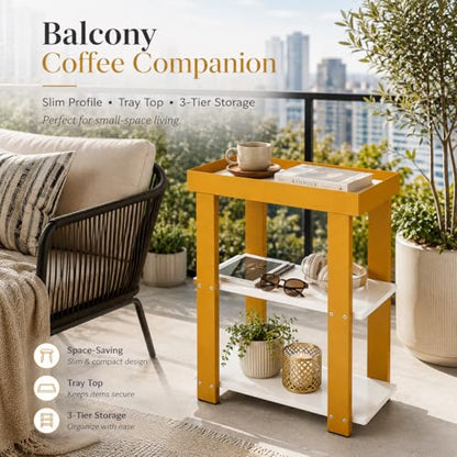 Modern 3-Tier Gold Side Table, Narrow End Table with White Tray Top Shelves, Slim Nightstand Bedside Table for Small Spaces, Living Room, Bedroom, Bathroom Storage Organizer Stand (White+Gold) - color: White + Gold