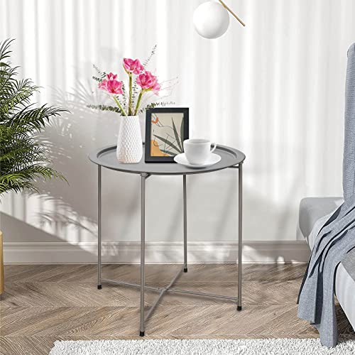 Garden 4 you End Table Metal Side Table Grey Round Folding Tray Cyan Sofa Small Accent Fold-able Table, Round End Table Tray, Next to Sofa Table, Snack Table for Living Room and Bed Room - color: Grey