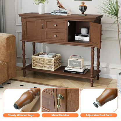 ARTPOWER Console Table with 2 Drawers, Retro Entryway Table with 2 Door | Solid Wood Veneer Entry Table, Behind Couch Sofa Table with Open Storage Shelf for Living Room, Foyer, Hallway - color: Brown