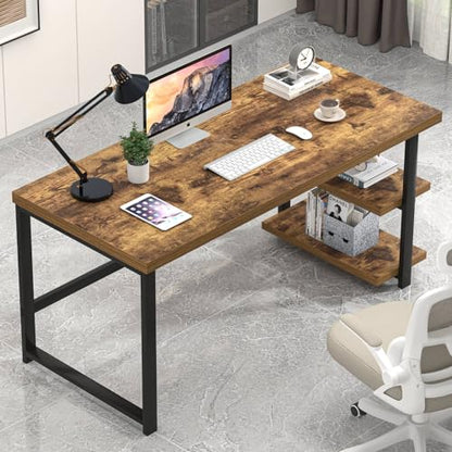 EXCEFUR Modern Computer Desk, Home Office Desk with Storage Shelf, Wood Study Writing Table Workstation for Bedroom Living Room, Rustic Brown, 53 Inch - color: Brown