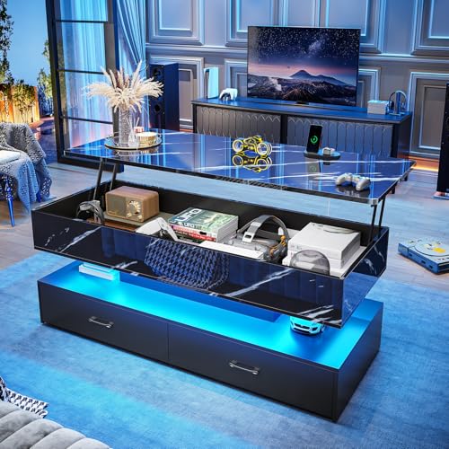 SEDETA 47.2" Lift Top Coffee Table, Coffee Tables with Storage for Living Room, 2 Drawers Coffee Table with Power Outlet & LED Light for Dining Reception Room, High Gloss Black Marble - color: High Gloss Black Marble, size: 47.2"