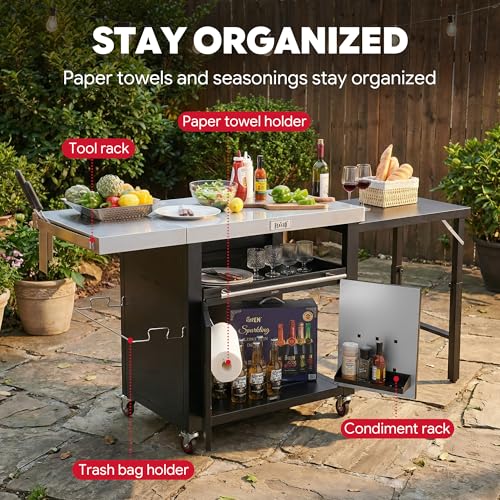 Feasto Outdoor Kitchen Island with Cabinet, 74” x 24” Rolling Grill Table | Grill Table with Stainless Steel Top for Pizza Oven& Griddles, Movable Bar Cart with Pull-Out Plate for Parties & Gathering - size: Large