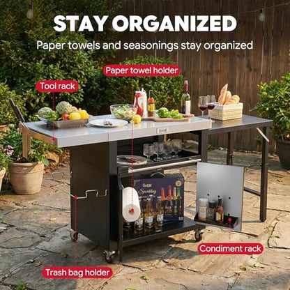 Feasto Outdoor Kitchen Island with Cabinet, 74” x 24” Rolling Grill Table | Grill Table with Stainless Steel Top for Pizza Oven& Griddles, Movable Bar Cart with Pull-Out Plate for Parties & Gathering - size: Large