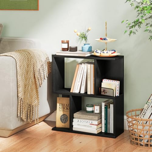 22’’ H Geometric Bookshelf, 2-Tier S-Shaped Floor Bookcase, Freestanding Open Display Book Shelf for Small Spaces, Low Side Table for Living Room & Bedroom (1, Black) - color: Black