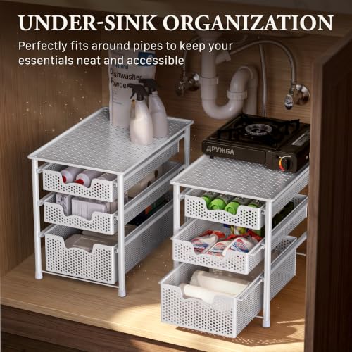 Simple Houseware 3 Tier White Alloy Steel Sliding Basket Organizer Drawer Cabinet - color: White, size: 3-Tier