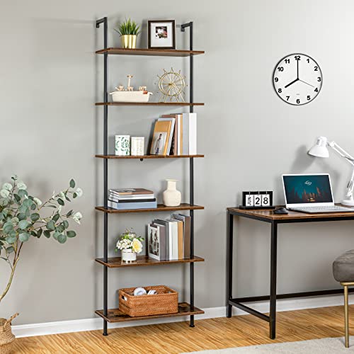 HOOBRO DIY Ladder Shelf, 6-Tier Wall Mounted Bookshelf, Office Vertical Bookcase, Wooden Storage Shelves for Home Office, Bedroom, Rustic Brown and Black BF65CJ01 - color: Rustic Brown and Black