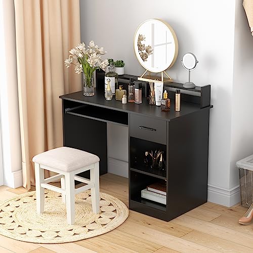 GOFLAME Computer Desk, Home Office Desk with Large Drawers, Hutch, Keyboard Tray, 5-Position Adjustable Open Shelves, Easy Assembly, Writing Desk for Bedroom, Small Space, Living Room, Black - color: Black
