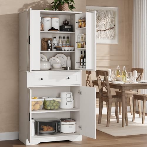 Garvee 71" Kitchen Pantry Cabinet, Barn Door Freestanding Cupboard with Drawer, Sliding Storage Rack, and 6 Hanging Shelves for Kitchen, Dining Room, Living Room Bedroom - color: White