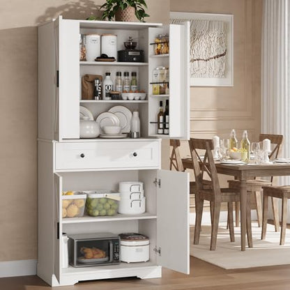 Garvee 71" Kitchen Pantry Cabinet, Barn Door Freestanding Cupboard with Drawer, Sliding Storage Rack, and 6 Hanging Shelves for Kitchen, Dining Room, Living Room Bedroom - color: White