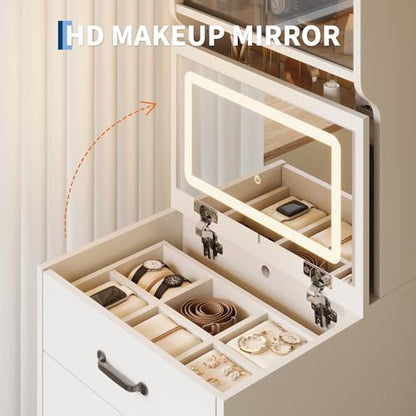 Garvee 3 in 1 Vanity Desk with 3 Color LED, Compact Makeup Vanity Set with 2 AC Outlets & USB, Dressing Table with Drawers & Acrylic Doors, Nightstand Vanity Mirror, Jewelry Box, Hidden Chair, White - color: White
