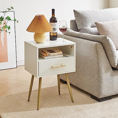 IBUYKE Nightstand, Mid Century Modern Night Stand, Bedside Table with Drawers and Open Storage Shelf, End Side Table with Metal Legs, for Bedroom, Small Spaces, White UWNS004W - color: White