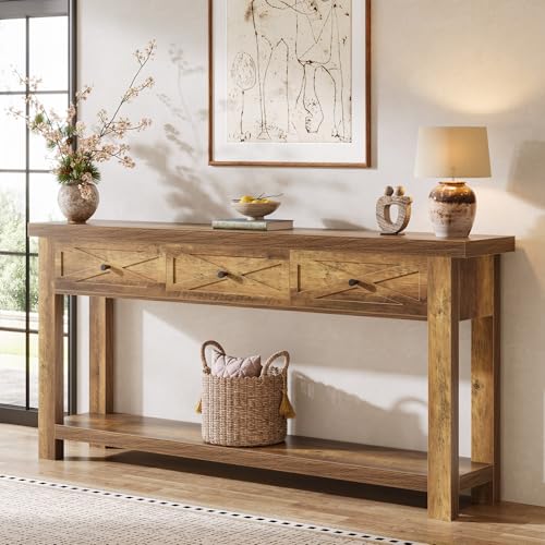 Tribesigns 70.9” Console Table with 3 Drawers, Extra Long Entryway Table for Hallway, Living Room, Narrow Sofa Table Behind Couch with Storage Shelf, Rustic Brown Wood Foyer Furniture