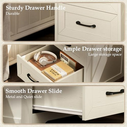 AODK Farmhouse Nightstand Set of 2, Bedside Tables with Charging Station & LED Lights, End Tables with Two Drawers and Open Storage, Rustic Bed Side Tables for Bedroom, Rustic White & Walnut - color: Rustic White & Dark Walnut