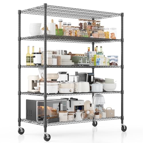 Homdox Heavy Duty Storage Shelves, 5 Tier Wire Shelving Unit with Wheels, Commercial Adjustable Metal Shelves for Storage, Garage Rack Pantry Shelves Kitchen Shelving, 24"x60"x82", Black - color: Black, size: 24"Dx 60"Wx 82"H, 5 Tier