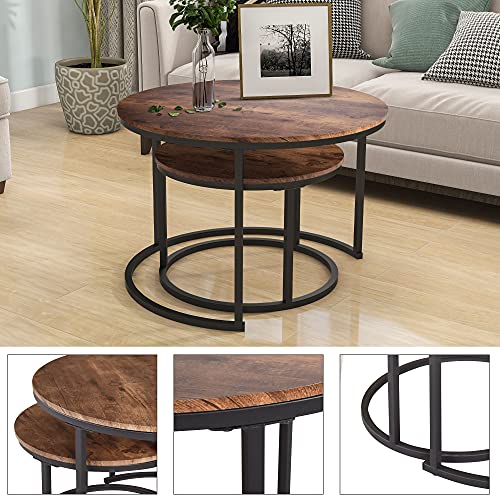 HOJINLINERO Round Coffee Table,Nesting Coffee Table Set of 2,Rustic Brown | Center Table for Living Room,Small Apartment,Small Space,Stacking Side Tables,Wood Tabletop,Sturdy and Easy Assembly,Large - color: Brown, size: Large