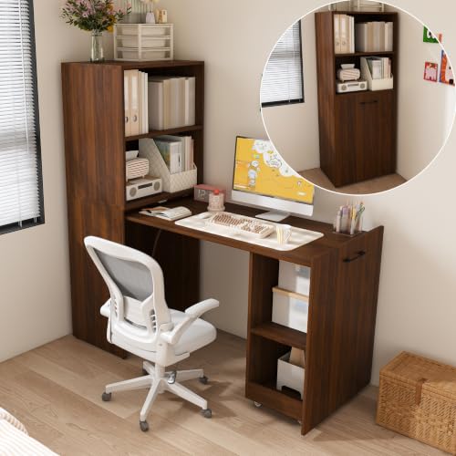 KEIKI Home Office Stretchable Desks with Storage Shelves and Mobile Wheels, Modern Wood Foldable Desk Gaming Computer Corner Table for Apartments Work, Study, Writing - color: Walnut