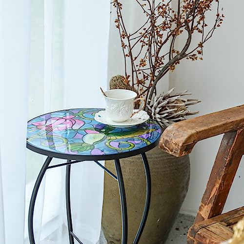 VCUTEKA Mosaic Patio Side Table Outdoor Accent Table Bistro Coffee Table Plant End Table Small Porch Table Indoor Round Glass Balcony Hummingbird Plant Table Stands - color: Hummingbird