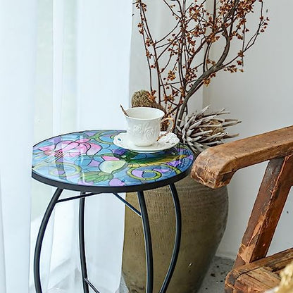 VCUTEKA Mosaic Patio Side Table Outdoor Accent Table Bistro Coffee Table Plant End Table Small Porch Table Indoor Round Glass Balcony Hummingbird Plant Table Stands - color: Hummingbird