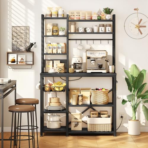SNTD 6-Tier Bakers Rack with Power Outlets, 36 x 14.6 x 72 in, Rustic Black | Large Capacity for Small Appliances, Stable Metal Frame with Wood Shelves, Pull-Out Basket, 14 Hooks - color: Rustic Black