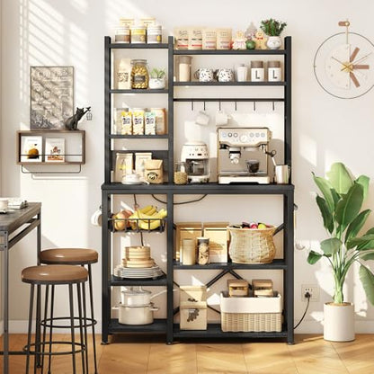 SNTD 6-Tier Bakers Rack with Power Outlets, 36 x 14.6 x 72 in, Rustic Black | Large Capacity for Small Appliances, Stable Metal Frame with Wood Shelves, Pull-Out Basket, 14 Hooks - color: Rustic Black