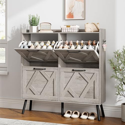 Shoe Cabinet with 4 Flip Drawers, Freestanding Shoe Organizer Cabinet, Farmhouse Narrow Shoe Storage Cabinet for Entryway, Foyer, Hallway - color: Light Grey