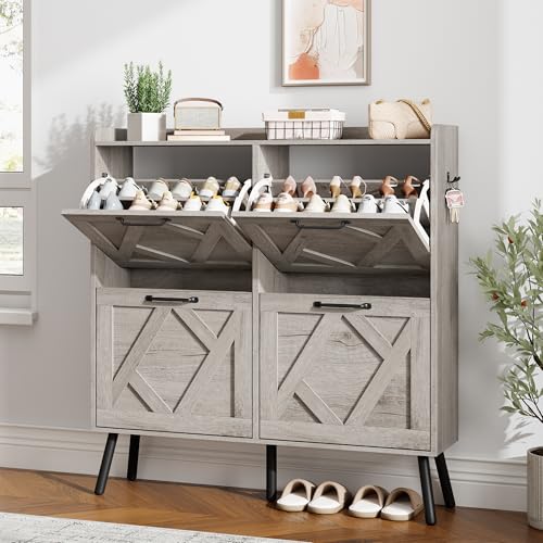 Shoe Cabinet with 4 Flip Drawers, Freestanding Shoe Organizer Cabinet, Farmhouse Narrow Shoe Storage Cabinet for Entryway, Foyer, Hallway - color: Light Grey