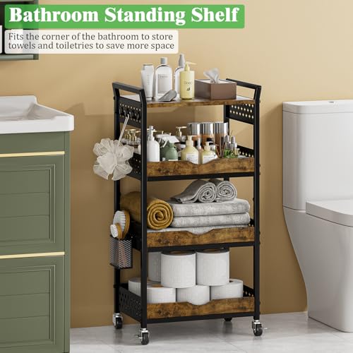 4 Tier Rolling Storage Utility Snack Cart on Wheels | durable metal and wood frame, suitable for kitchen bathroom pantry vanity bedroom living room dorm, no shake, move smoothly