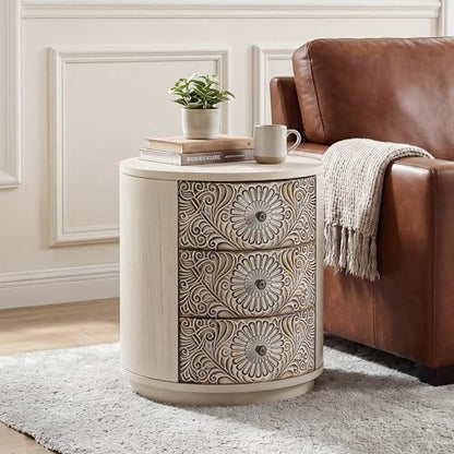 COSIEST 3 Drawer Chest of Drawers, 20 inch MDF Round Storage Cabinet, Retro Whitewash Finish Nightstand, Wood Bedside Table with Drawers for Bedroom Living Room,Light Gray - color: Wood Color-round-carved