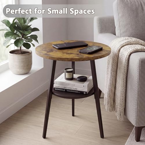 Small Round Side Table, End Tables Living Room, Rustic Brown | 2-Tier Side Table with Storage Shelf for Small Spaces, Bedside Accent Table for Living Room, Bedroom, Metal Frame & Wood Top - color: Rustic Brown