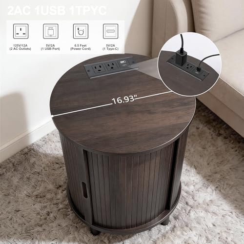 DHH Round End Table with Storage & Charging Station, Fluted Accent Side Table with Sliding Door & Adjustable Shelf, Mid-Century Nightstand for Small Spaces, Living Room, Bedroom (1,Dark Walnut) - color: Dark Walnut