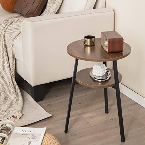 Giantex Round End Table Set of 2, Retro Bedside Table with Open Storage Shelf & Sturdy Triangular Metal Frame, Versatile Accent Table for Bedroom, Living Room & Study, Easy Assembly (2, Walnut)