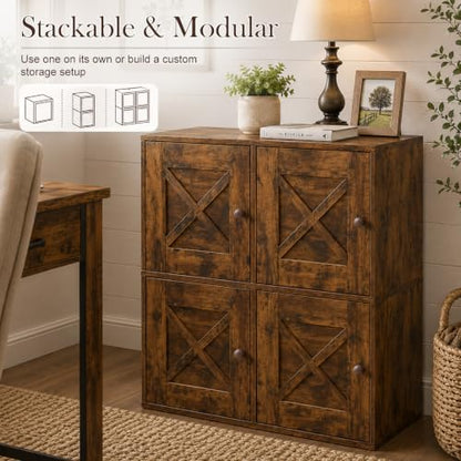 15" H x 15" W x 11.75" D Stackable Cube Storage Organizer with Door, Brown Modular Cubby Storage Bin with Non-Slip Pads, Wooden Cube Bookshelf Shelf for Bedroom, Living Room, Kitchen and Office