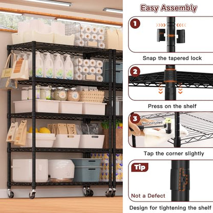 PrimeZone 36" W x 16" D x 79" H Wire Storage Shelves with Wheels, 5 Tier NSF Certified Heavy Duty Adjustable Kitchen Shelving Unit, Bakers Rack Organizer Rolling Metal Shelf for Garage Closet Pantry - size: 36"W x 16"D x 79"H