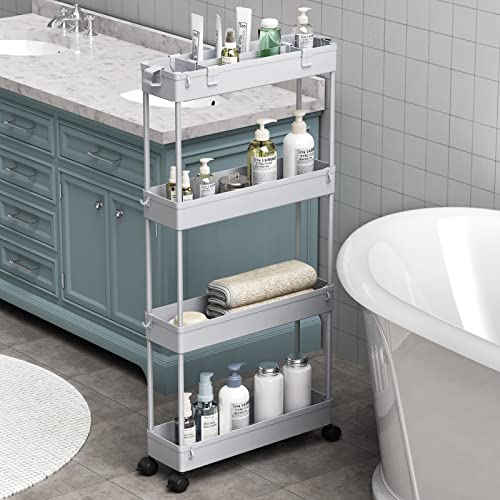 SPACELEAD Slim Storage Cart 4 Tier,Bathroom Organizer Rolling Utility,Mobile Shelving Unit Slide Out for Office, Kitchen, Laundry Room & Narrow Places,Gray - color: Gray