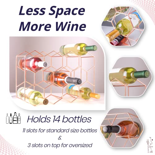 Gusto Nostro Countertop Wine Rack - 14 Bottle Freestanding Modern Metal Wine Rack - 3 Tier Tabletop Wine Holder Stand for Cabinet, Pantry Wine Bottle Storage - No Assembly Required (Small, Rose Gold) - color: Rose Gold